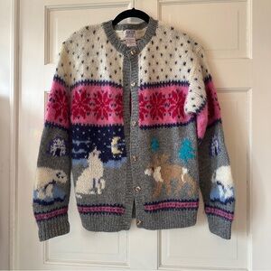 Vintage Skyr Wool Button Down Ski Sweater Cardigan Medium Eskimo fair isle knit